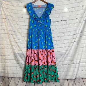 Kate Spade Blue Green Pink Apple of My Eye Color Block Tiered Midi Dress Size 4